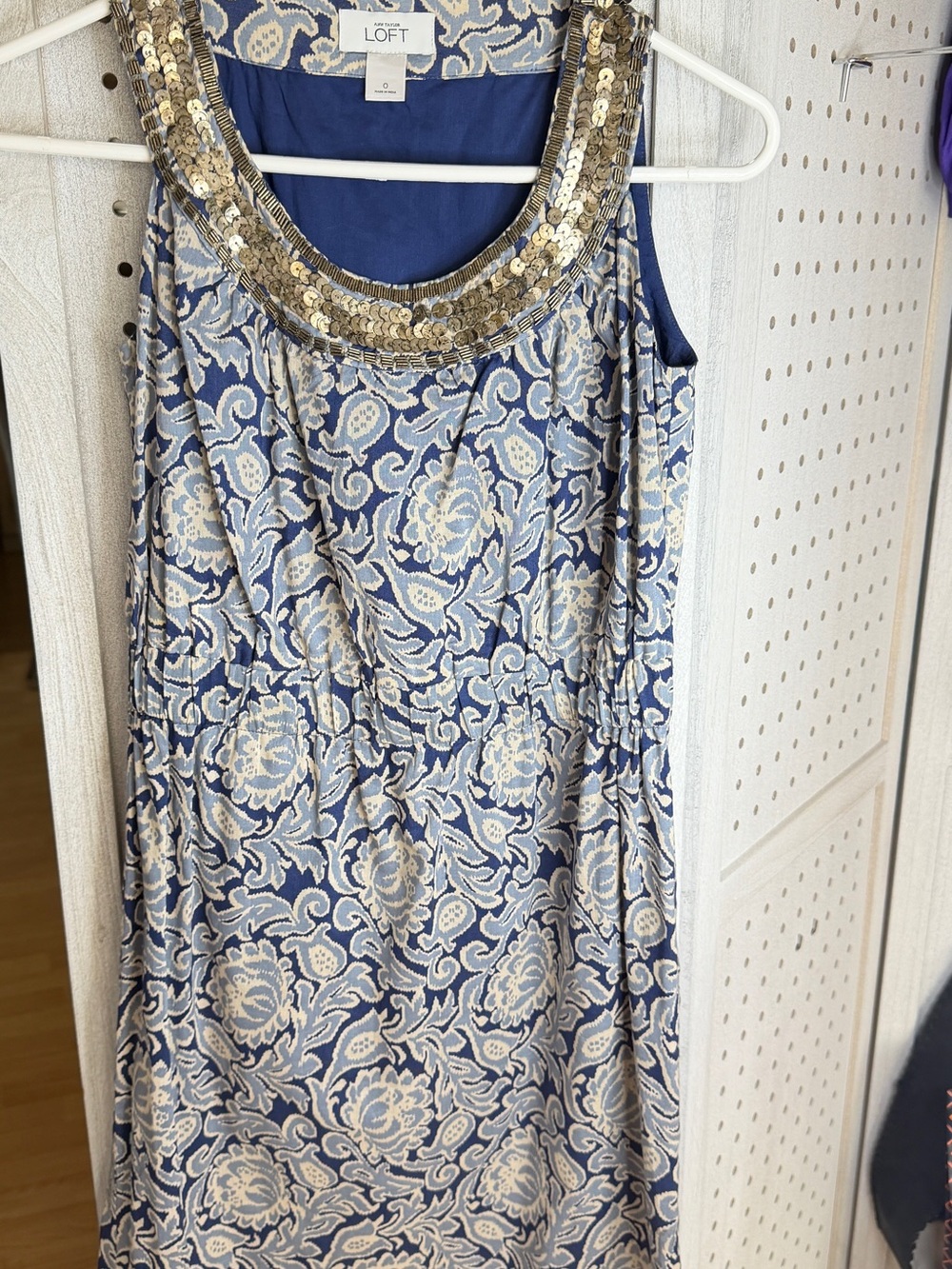 LOFT Navy and Cream Sleeveless Embellished Neckline Dress